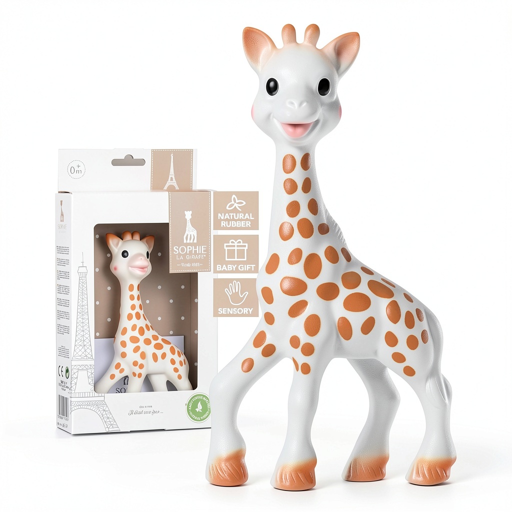 Baby holding Sophie la girafe teether during playtime