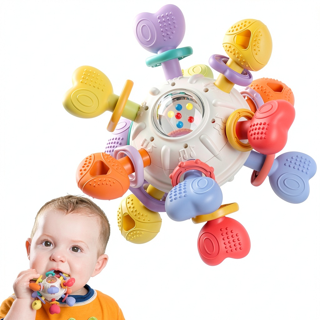 Baby holding the IBABT silicone teething rattle during play