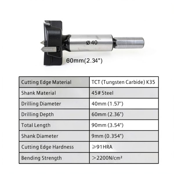 Forstner Drill Bits 40mm (1-9/16 inch) Tungsten Carbide Upgraded Version 3-Cutter Higher Hardness Wood Hole Saw Auger Opener Woodworking Drilling Tool Wood Cutter-2